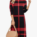 Womens Plaid Splicing Mock Neck Knit Sweater Dress Winter Long Sleeve Knee Length Tunic A-line Midi Dresses size Large