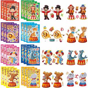 TIAMECH Make Your Own Circus Stickers - 24 Sheets Clown Magician Animals Make A Face Stickers for Kids, Birthday Party Favors & Educational Classroom Rewards
