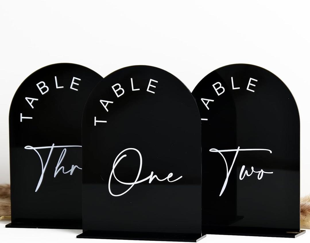Black Arch Wedding Table Numbers with Stands 1-30, 5x7 Inch Black Acrylic Arch Sign with Holder, Arched Acrylic Table Numbers for Wedding Reception (1-30, 5"x7")