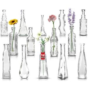 Small Vintage Glass Bottles with Corks, Mini Vases, Decorative Glass Bottle, Potion Bottles, Assorted Design - Set of 14 Assorted Design 5oz 6.5-7 inch Tall 1.8-2.inch Wide.