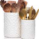 Large 7.3"+5.4" Engraved Ceramic Utensil Holder for Countertop, Cooking Utensils Organizer for Spatula, Large Utensils Crock for Kitchen Counter, Kitchen Decor, set of 2, White