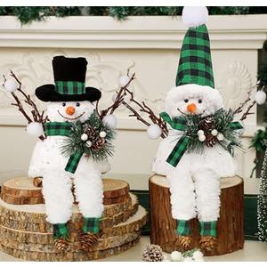 Lulu Home Christmas Snowman Decorations, Set of 2 Plush Shelf Sitters with Dangling Legs, Black & Green Checked Snowman Ornaments for Table Mantel Desk Fireplace Home Holiday Decor