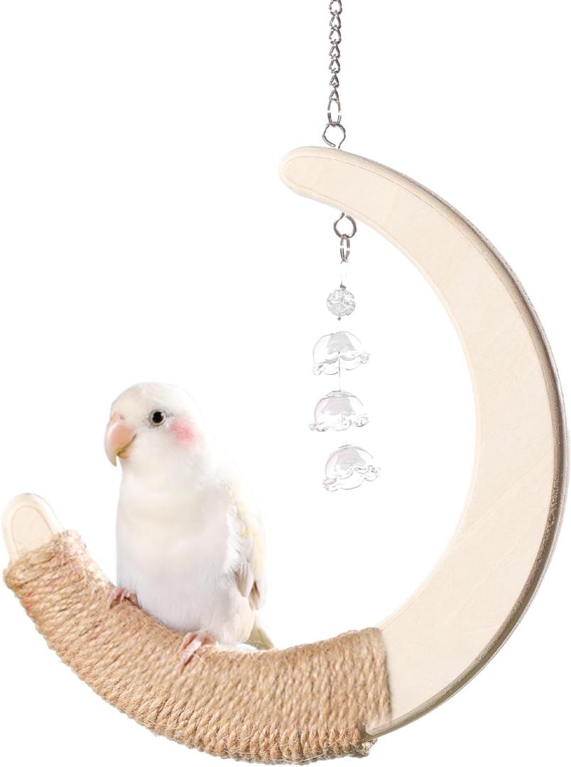 mini&moe Bird Swing Perch for Cage, Small Bird Perch Climbing Chewing Toy, Natural Wood Sturdy Hemp Rope Swings for Budgies, Cockatiels, Conures, Small Parakeets