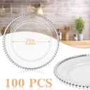 Hoolerry 100 Pack Clear Charger Plates Bulk 13 Inch Acrylic Round Dinner Charger Plates Beaded Frosted Grain Dinner Decorative Dishes for Wedding Party Events Home Kitchen Tabletop(Sliver,Beads)