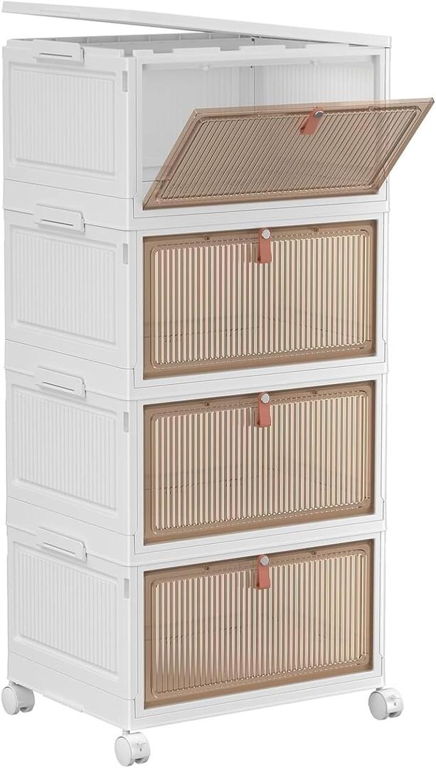 YFXCVSL 4 Tier Plastic Storage Bins with Lid 28QT - Stackable Storage Containers with Wheels, Folding Storage Boxes, Collapsible Storage Bins, Closet Organizers and Storage (White)