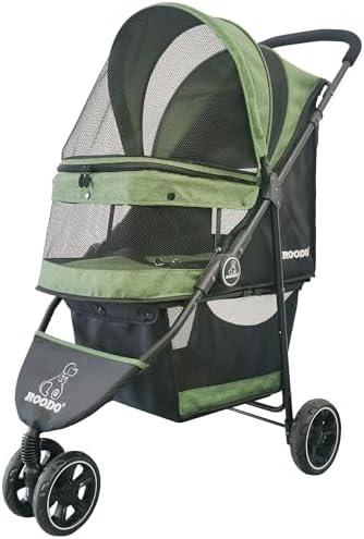 ROODO 3 Wheel Pet Stroller Best Lightweight Foldable Compact Portable Jogger All Terrain Travel Pet Gear Puppy Kitty Stroller for up to 30lbs Medium Small Dogs and Cats(Green)