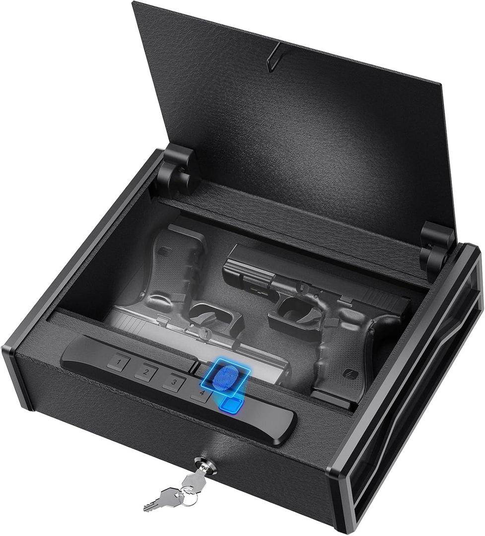 Biometric Gun Safe for Handgun - 3-Way Quick Access Pistol Safe with Fingerprint/Digital Keypad/Key, Large Capacity Gun Lock Box for Home, Bedside Nightstand and Car, Matte Black