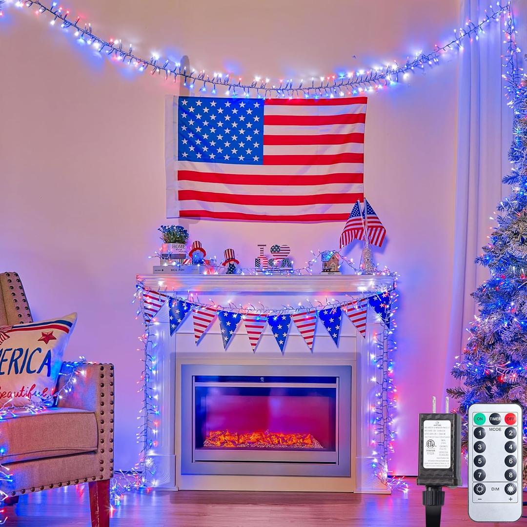 Brightown Red White Blue Lights, 500LED 25FT 4th of July Lights Patriotic Cluster String Lights 8 Modes Waterproof Memorial Day Decor for Indoor Outdoor Independence Day Patriotic Holidays