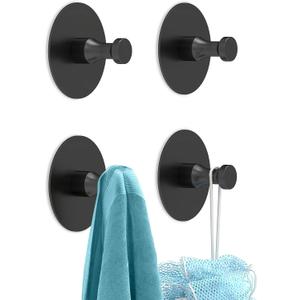 STWWO Adhesive Hooks for Walls No Damage 4 PCS, Heavy Duty Aluminum Strong Adhesive Towel Hooks for Bathrooms for Inside Shower for Hanging Loofah, Clothes, Robes (Black)