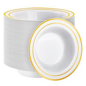 Goodluck 100 Pack Plastic Bowls with Gold Rim, 12oz Disposable Soup Bowls, Heavy Duty Dessert Bowls for Weddings, Parties, Dinners, Catering, Thanksgiving and Everyday Use