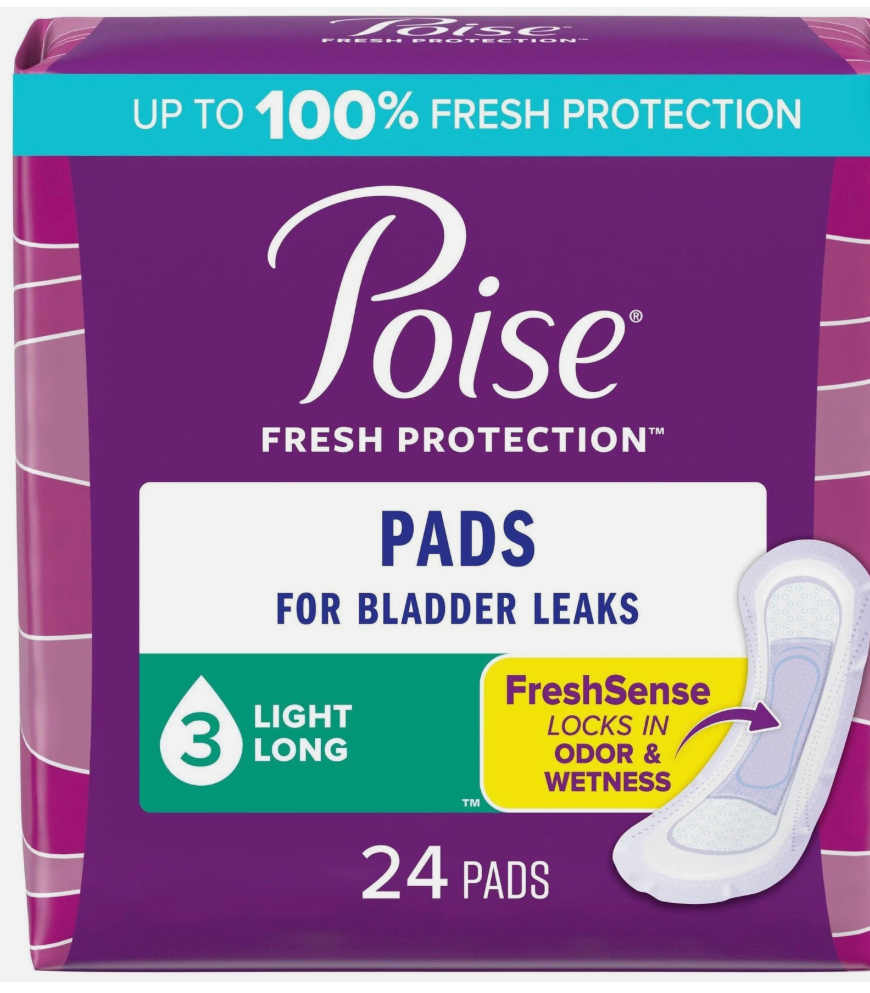 Poise Incontinence Pads & Postpartum Incontinence Pads, 3 Drop Light Absorbency, Long Length 24 Pack