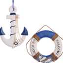 2 Pack 13" Nautical Beach Wooden Ship Wheel and 13" Wooden Anchor with Rope Nautical Boat Steering Wheel Rudder Anchor Wall Art Decor Door Hanging Ornament Beach Theme Home Decoration (Dark Blue)