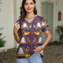 Women Halloween Shirt Funny Pumpkin Face Graphic Tees Autumn Casual V-Neck Fall Short Sleeve Loose Tops (L)