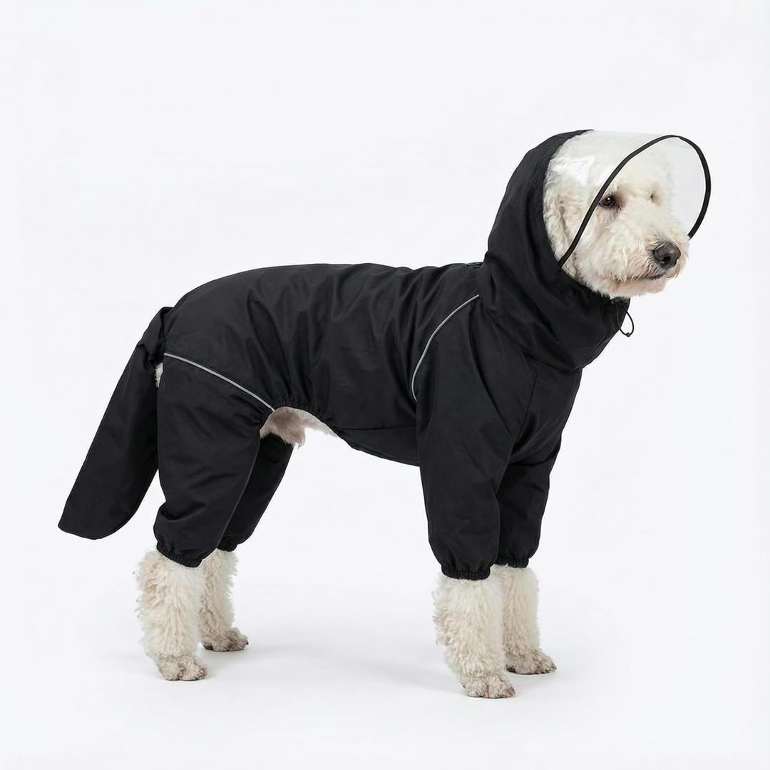 Dog Raincoat for Medium Large Dogs,rain Jacket Coat, Full Leg Coverage Waterproof Rain Suit with Detachable Hood & Tail, Reflective Strips, Snag-Free Top Zipper (Black for Boy, Large)