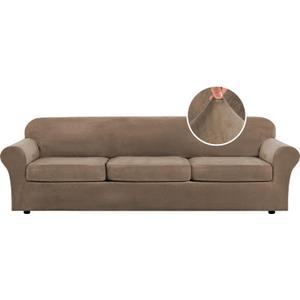 H.VERSAILTEX Modern Velvet Plush 4 Piece High Stretch Sofa Slipcover Furniture Protector Form Fit Velvet Extra Large Sofa Cover for 3 Cushion Couch Width Up to 105 Inch (XL Sofa, Mocha)