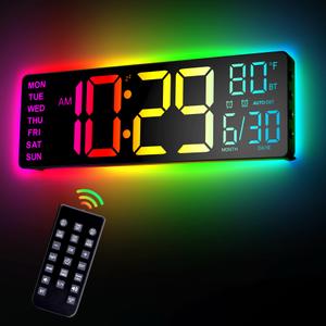 12" Digital Wall Clock for Classroom Livingroom Game Home Decor with LED Display RGB Lights, BIuetooth Sync, Dual Alarms, Auto DST, Countdown, Remote Control, Temperature