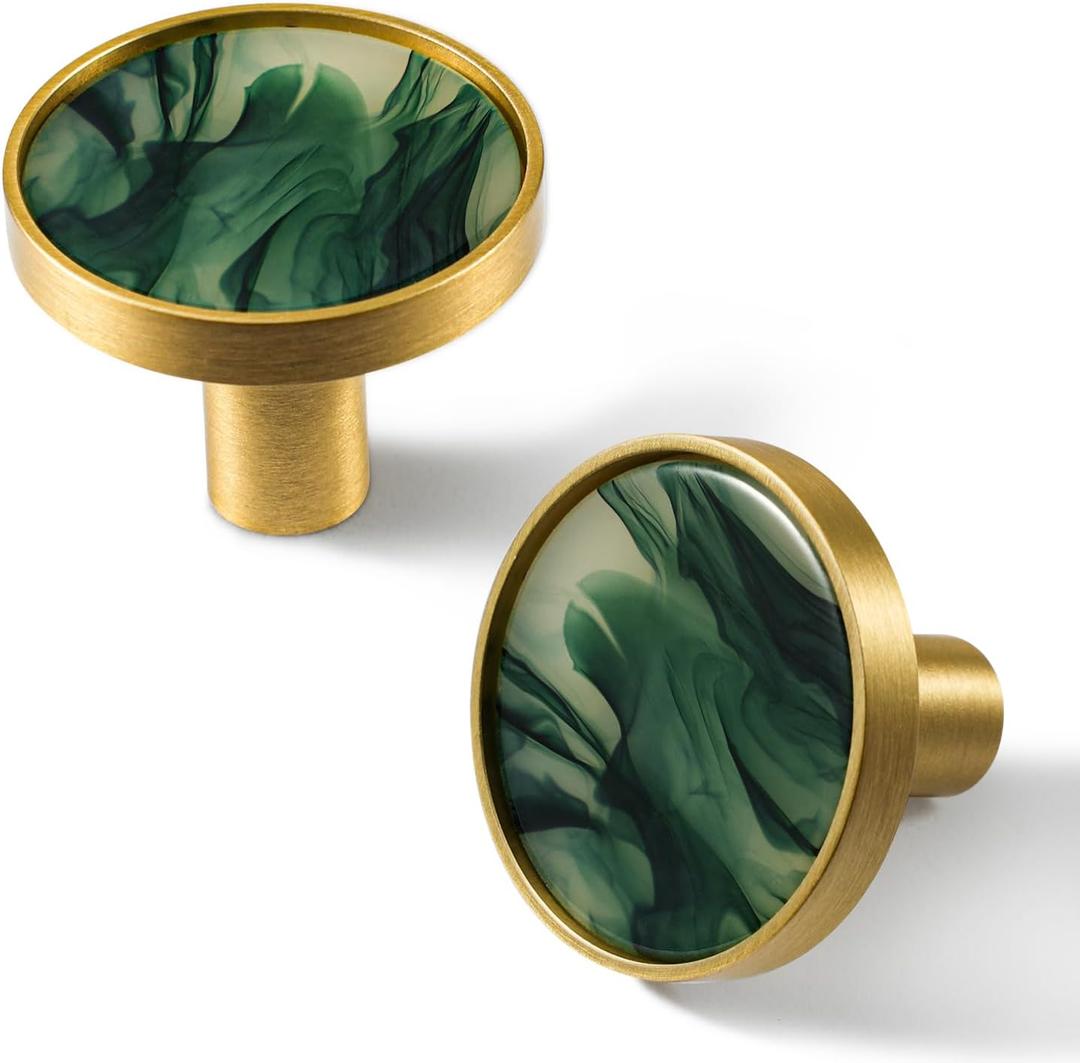 2 Pack Natural Shells Cabinet Knobs Pulls Drawer Knobs Hanging Hooks Brass Furniture Dresser Kitchen Hardware Pulls Knobs Handle, Celadon Green, M