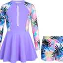 HOZIY Girls Long Sleeve Swimsuit Two Piece Rash Guard Dress with Swim Shorts Front Zip for Kids Tween Teens UPF 50+, 9-10Y