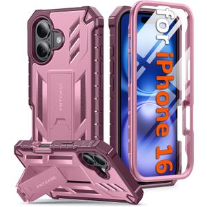 FNTCASE for iPhone 16 Phone Case: Military Grade [Built-in Screen Protector] [Kickstand] Matte Textured Drop Proof Protection Cover | Rugged Shockproof TPU Protective Sturdy Cases - Pink
