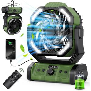 Portable Camping Fan Rechargeable 20000mAh Battery Operated Oscillating USB C Battery Powered Fan with LED Lantern, Head Rotation,Timer, Remote Auto, Hook for Tents Travel Outdoor Beach Home Green