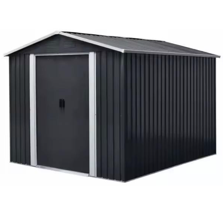 8ft x 10ft Grey Iron Metal Storage Shed - Durable Outdoor Shed with Window, Sliding Doors & Metal Foundation for Patio, Backyard & Entryway Storage