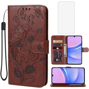 Case for Galaxy A15 5G, Samsung A15 5G SM-A156U Wallet Case with Tempered Glass Screen Protector, Flower Leather Flip Credit Card Holder Stand Phone Cover for Samsung Galaxy A15 5G Brown