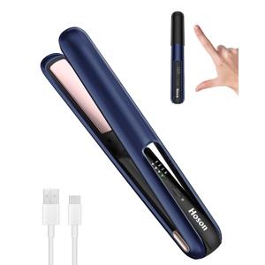 Hoson Cordless Hair Straightener,Portable Mini Flat Iron Travel for Bangs,Short Hair,USB-C Rechargeable Wireless Curling Iron and Curler 2 in 1(Blue),for Touch Ups