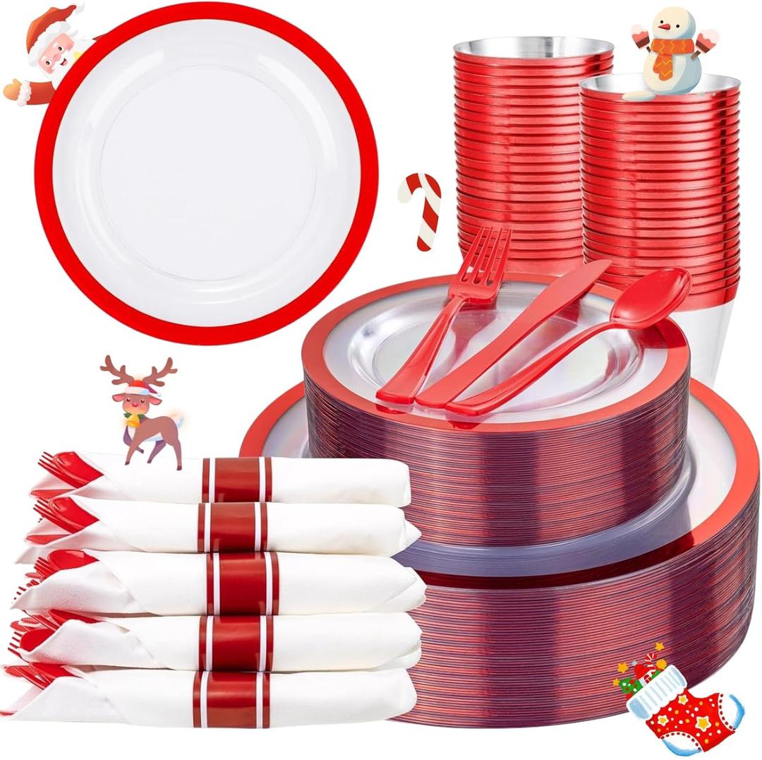Liacere 350PCS Clear and Red Plastic New Year Plates and Napkins for 50Guests Plastic Dinnerware Set:100 Red Disposable Plates 50 Pre Rolled Napkins with Cutlery,50 Cups for PartyChristmas