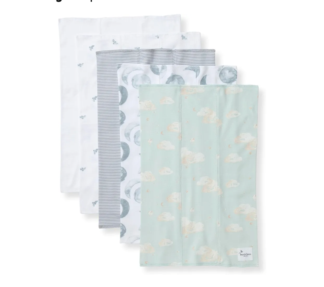 Burts Bees Baby Infant Burp Cloths, 100% Organic Cotton Extra Absorbent Soft Fabric Drool Cloths, 5-Pack Newborn Must-Have Essential Large Burping Cloths, One Size 17 x 11.75 Inches