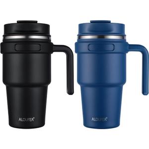 ALOUFEA 20 oz Insulated Coffee Mug Tumbler with Handle, Stainless Steel Travel Mug Tumbler with Lid and Straw,Double Wall Vacuum Leak Proof Ice Coffee Thermal Cup, Black and Navy