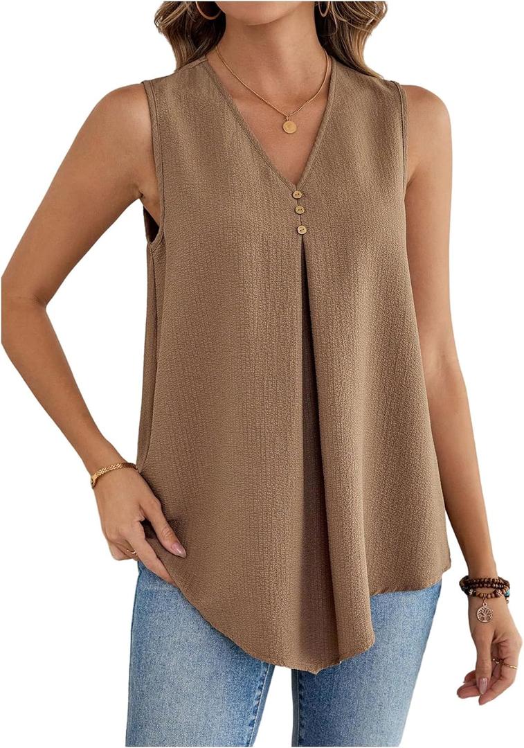 SOLY HUX Women's V Neck Pleated Tank Top Sleeveless Tunic Vest Shirts Casual Summer Blouse (Large, Coffee Brown)