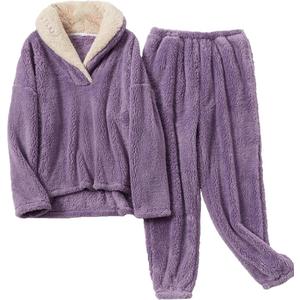Women's Fluffy Loungewear Sleepwear Lounge Casual Pajamas Sets Loose Long Sleeve Fleece Pullover and Pants Set (01purple)
