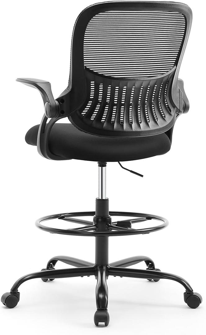 Sweetcrispy Tall Drafting Desk Chair - Ergonomic High Stool Computer with Adjustable Height and Comfy Lumbar Support, Office Rolling Counter with Flip-up Arm and Footrest, Black, 48.4 inches x 24 inches x 25.2 inches