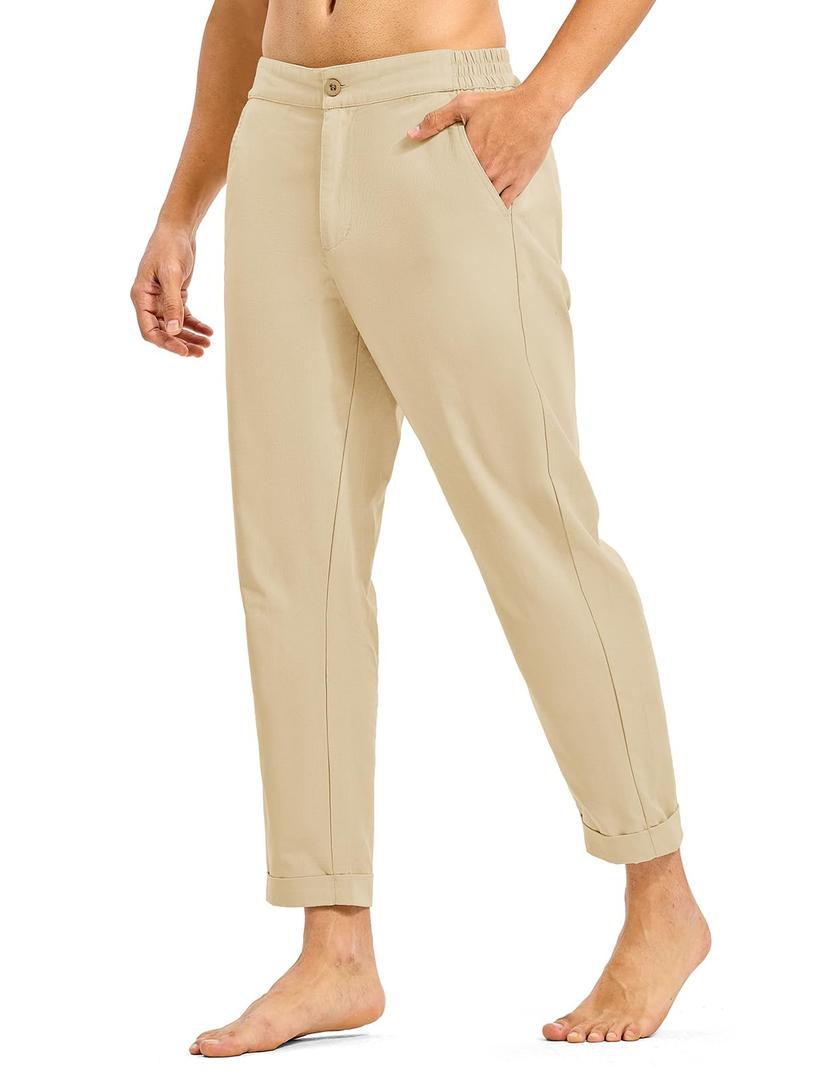 Rdruko Men's Linen Pants Lightweight Casual Cotton Pants Elastic Waist Beach Summer Pants with Pockets, Light Khaki, 2XL