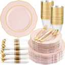 Liacere 350PCS Pink Plates Disposable - Pink and Gold Plates 50guest Baroque Plastic Dinnerware include 100Plates, 50Pack Pre Rolled Napkins with Silverware 50Cups Perfect for WeddingMother's Day