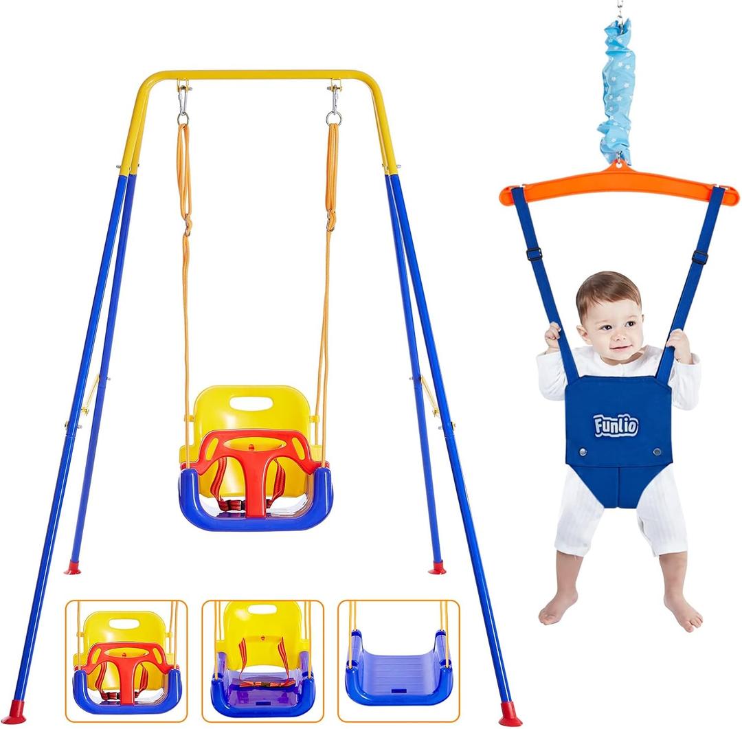 FUNLIO 2 in 1 Swing Set for Toddler & Baby Jumper, Heavy Duty Kids Swing & Bouncer with 4 Sandbags, Foldable Metal Stand for Indoor/Outdoor Play, Easy to Assemble and Store (Blue)
