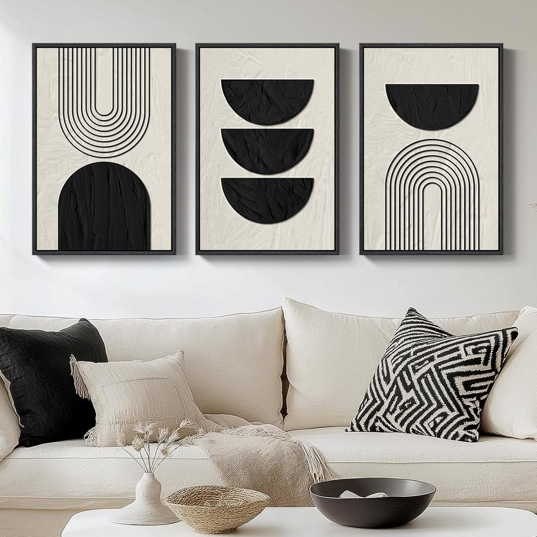Framed Boho Black and White Abstract Wall Art, 3 Piece Modern Beige Canvas Prints Paintings Artwork for Walls, Black Geometric Pictures for Living Room Bedroom Hallway Office Wall Decor 16x24 In