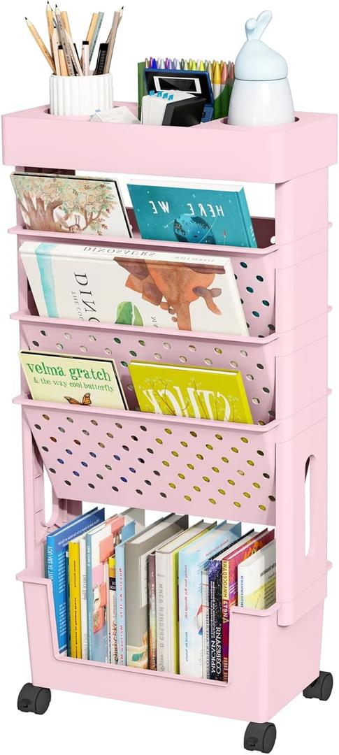 5-Tier Mobile Bookshelf, Rolling Bookcase Book Storage Rack, Movable File Folder Organizer Cart with Wheels for Home Study Office Living Room Classroom, Pink