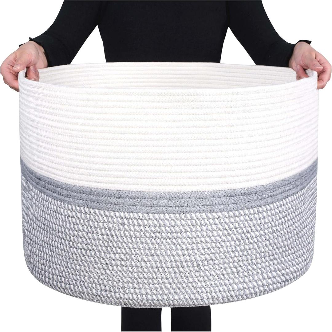 MINTWOOD Design Extra Large 22 x 14in Decorative Woven Cotton Rope Blanket Storage Basket Bin for Living Room and Laundry Hamper for Pillows, Pool Towels, Dog Toys, Shoes, Light Grey Mix