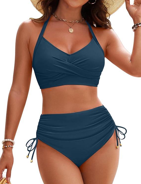 Blooming Jelly Womens High Waisted Bikini Sets Drawstring Tummy Control Swimsuits Crisscross Tie Back Bathing Suit (Medium, Blue)