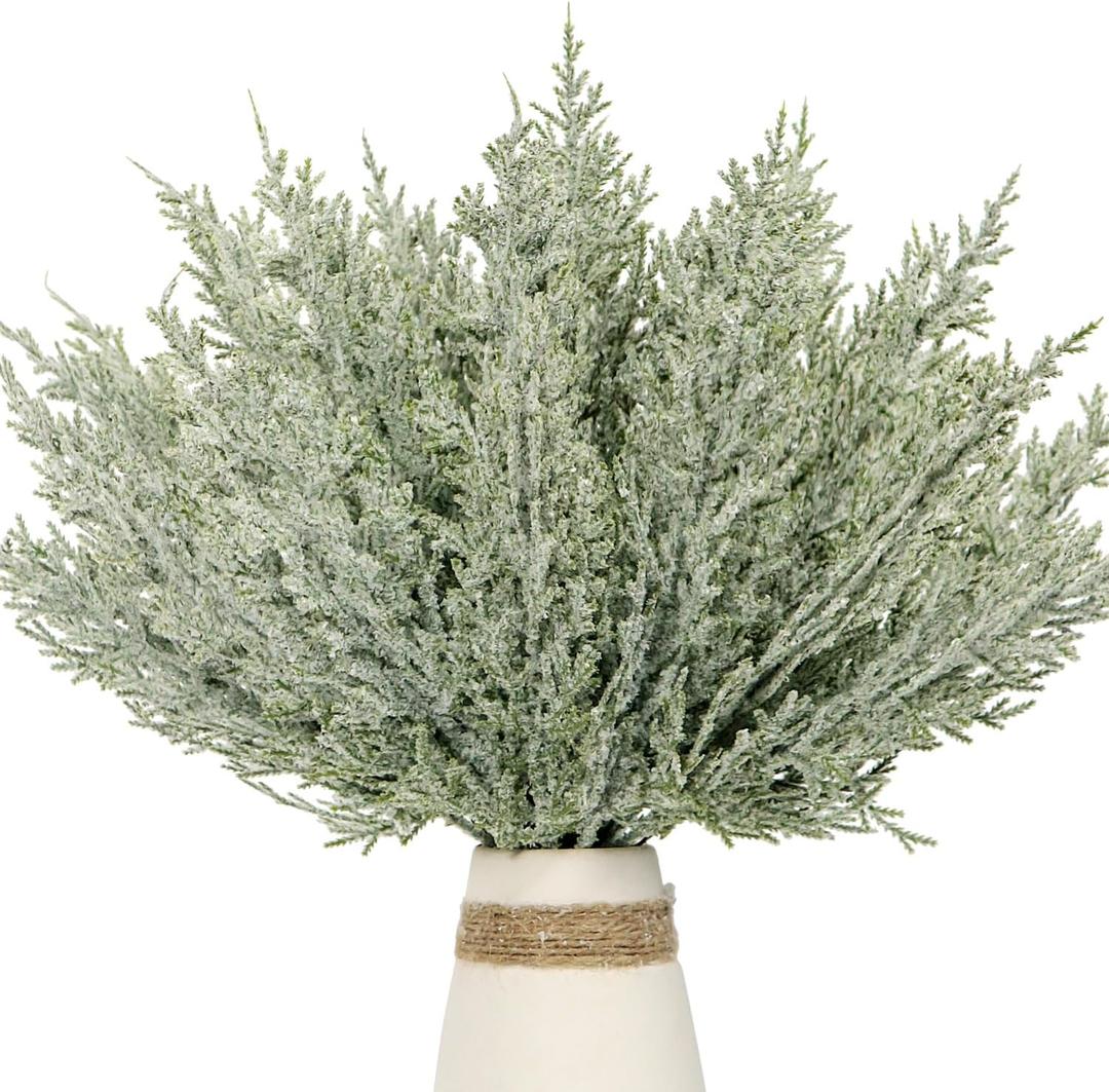 2 x Set of 24 Christmas Artificial Pine Branches 12.6" Faux Plants Evergreen Cedar Picks Fake Pine Needles Leaves Sprigs Winter Greenery Stems for Xmas Tree DIY Wreath Garland Holiday Accessories (Snow)