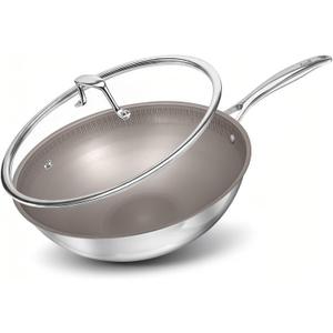 Titanium Wok Pan with Lid 12" Non-Toxic PFAS-Free Woks & Stir-fry Pans, Tri-Ply Titanium & Stainless Steel, Induction & Dishwasher Safe