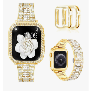 Mosonio Compatible with Apple Watch Band 38mm 40mm 41mm 42mm 44mm 45mm 46mm 49mm with Pack of 2 Case Women, Jewelry Replacement Metal Bands Strap with Bling PC Protective Case for iWatch Ultra SE Series 10/9/8/7/6/5/4/3/2/1