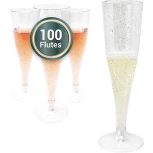 Reli. Champagne Flutes Plastic | 100 Pack | 4.5 oz - Silver Glitter | Premium Plastic Champagne Flutes | Party-Perfect for Celebrations