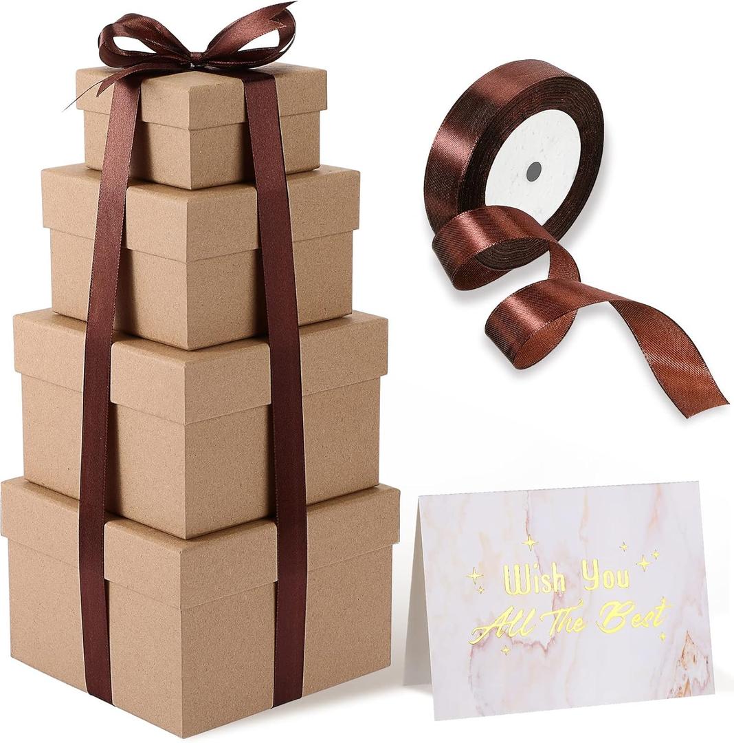 Marspark 4 Pcs Christmas Nesting Gift Boxes with Lids Stackable Square Nested Boxes Set with Ribbon Large to Small Size Prank Annoying Nested Gift Wrapping for Valentine Weddings Birthday(Kraft)