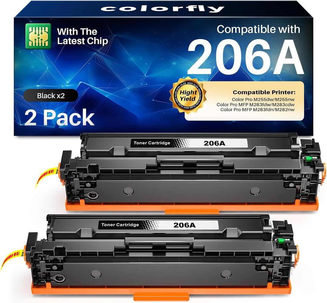 206A W2110A Black Toner for Color LaserJet Pro MFP M283fdw M283cdw Printer | for HP Color LaserJet Pro MFP M283fdn M282nw M255dw M255nw M283 M255 Printer (2 Pack, with Chip)