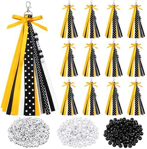 Nosiny 10Pcs Cheer Keychains Cheerleader Gifts for Team Personalized DIY Bead Ribbon Keychain Kit Cheer Bag Tags for Women