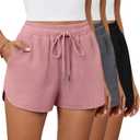 Riyiper 3 Pack Women's Waffle Knit Shorts Cotton Drawstring Lounge Summer Comfy Casual Shorts with Pockets (X-Large, Black, Dark Gray, Pink)