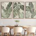 Large Framed Canvas Wall Art - Natural Float Framed Green Plantain Leaves Pictures Decor Brown Leaf Lines Painting Prints Rustic Botanical Artwork for Bedroom Living Room Decoration 60" X 28" Set of 3