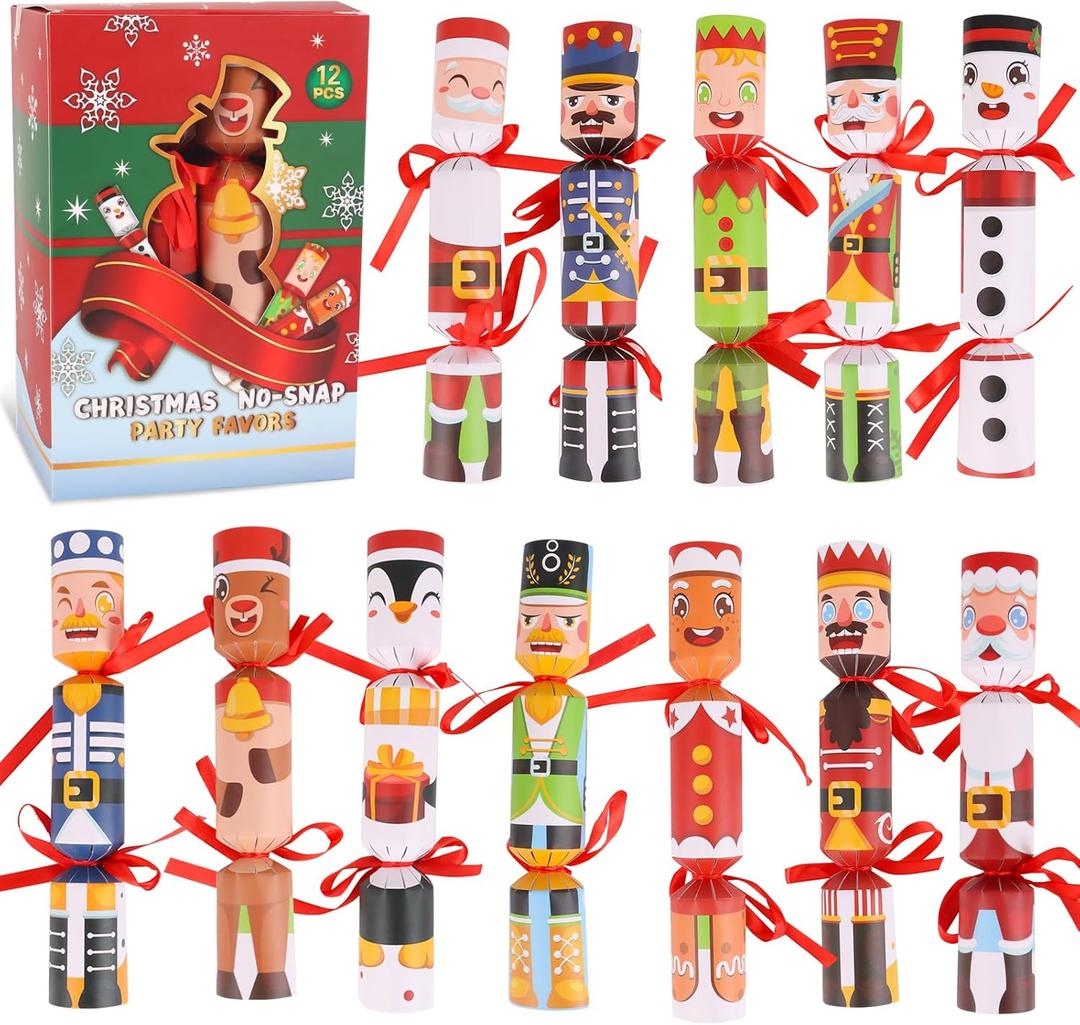 LOKIPA 12 Pack Christmas No Snap Party Table Favors, Christmas Crackers with Prizes Xmas Themed Pattern Party Supplies with Party Hat, Joke & Xmas Gift for Parties, Dinners & Holidays